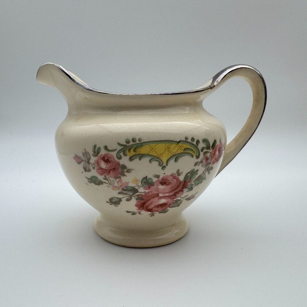 Vintage Universal Cambridge Camwood Ivory Creamer Pitcher Pink Roses Silver Trim